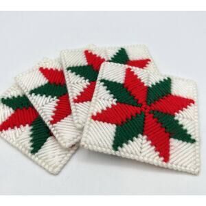 Set 4 Vintage Handmade Needlepoint Christmas Quilt Star Coasters Green Red